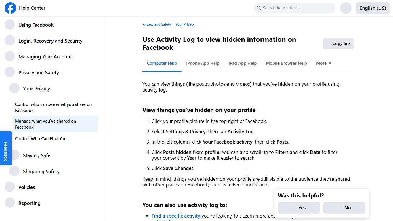 Use Activity Log to view hidden information on Facebook Facebook Help Center